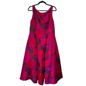 Adrianne Pappel Magenta Floral Sleeveless Tea Length Jacquard Dress Size 16